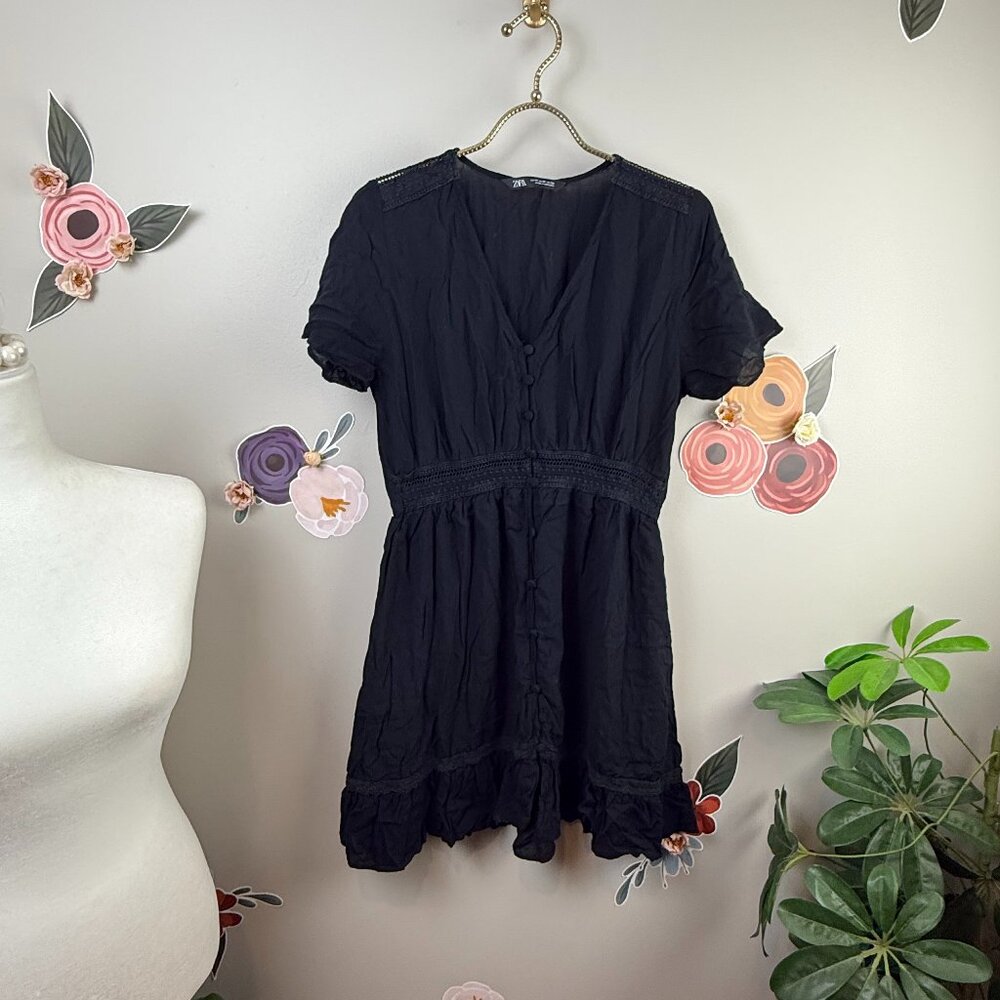 Zara Black Button-up Blouse Mini Dress - Size - Medium